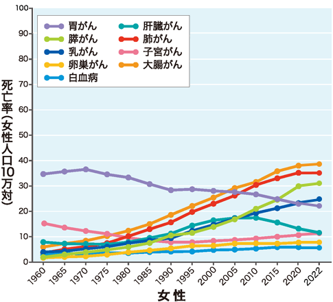 肺がんの患者数 主な部位別がん死亡率の年次推移 女性